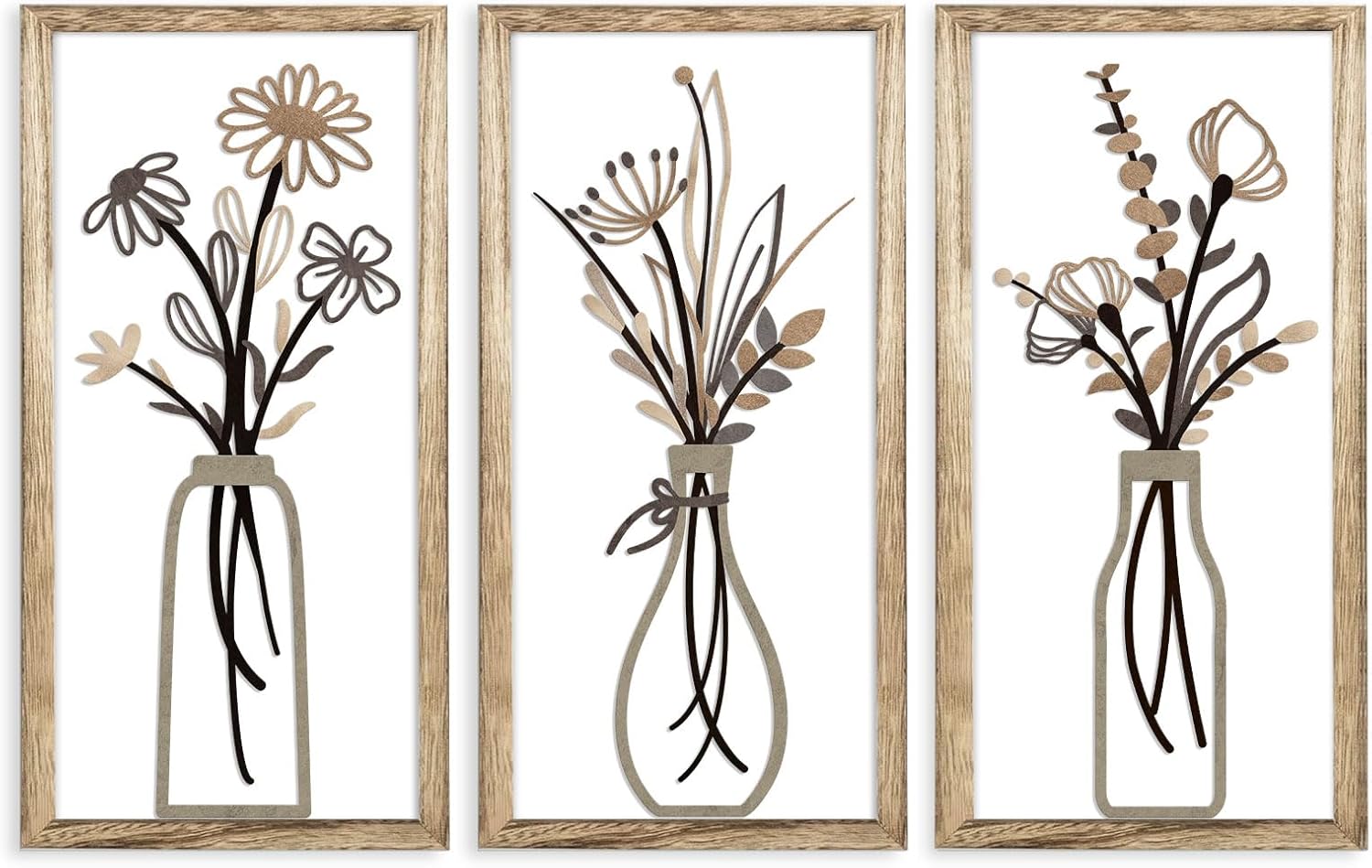 Pigort 3 Pieces Wooden Framed Floral Wall Arts - Farmhouse Flower Wall Art Natural Themed Home Wall Decors for Living Room Bedroom Dining Room Office 7.8x15.7 Inch (Retro)