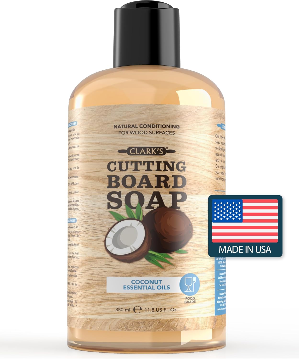 Mydło do krojenia kokos (300 ml) firmy Clark - na bazie kastylii bez oleju mineralnego - wegańskie i 100% organiczne - czyste deski do krojenia, tace i naczynia