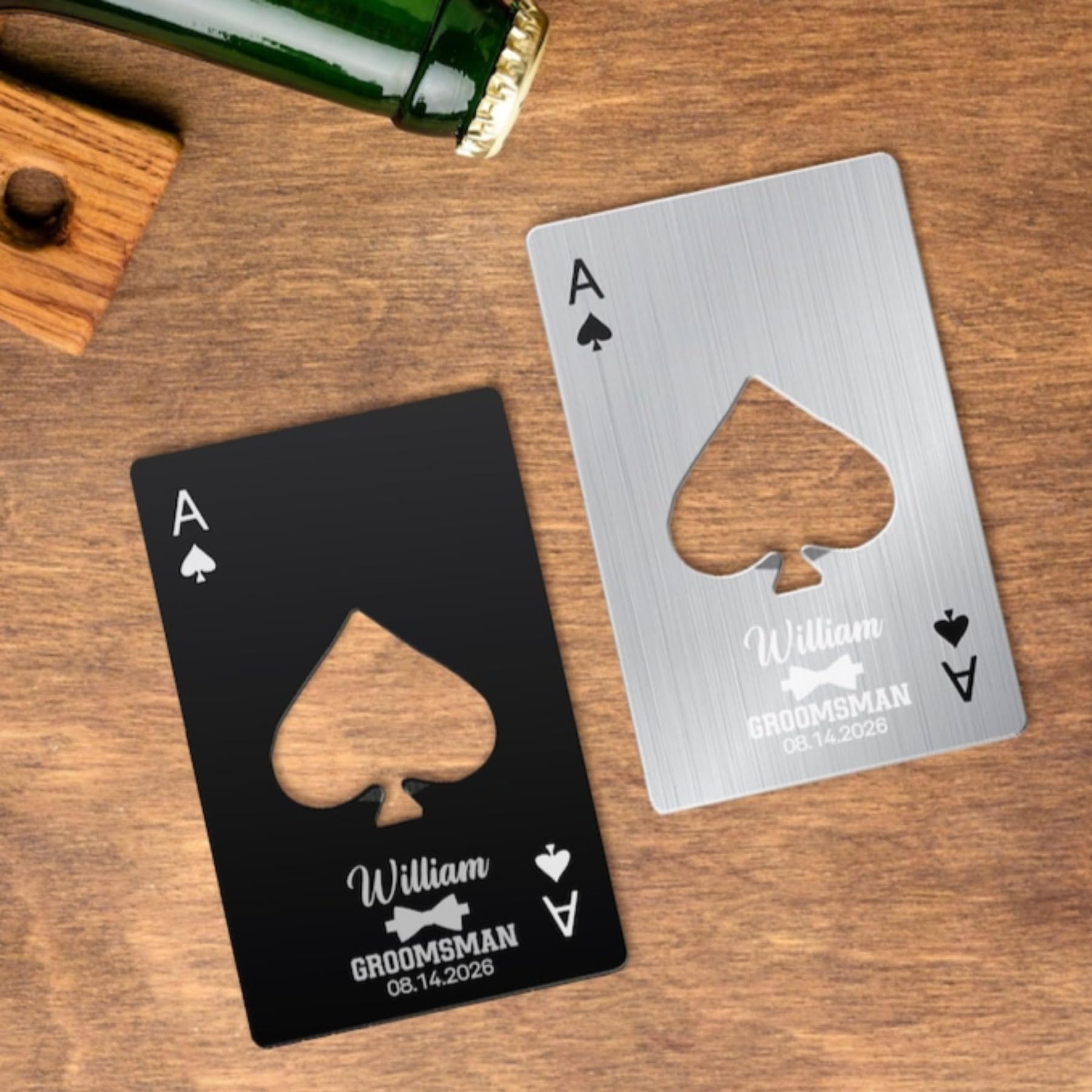 Apribottiglie con incisione, asso di picche, apribottiglie personalizzato, regalo di nozze, apribottiglie con carta di credito, regali per proposte di sposo (60 pezzi)