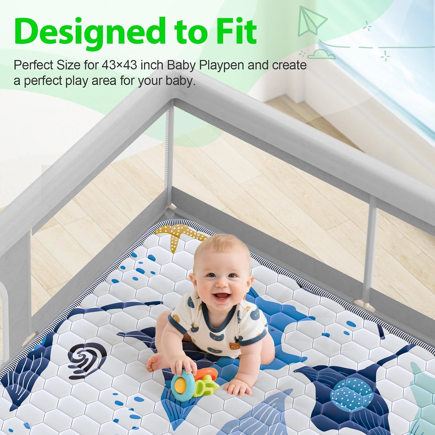 43x43 Inch Thick Baby Play Mat, Extra Soft Foam Floor Cushion with Non-Slip Backing for Crawling & Playpens, Machine Washable Ocean Theme Nursery Mat