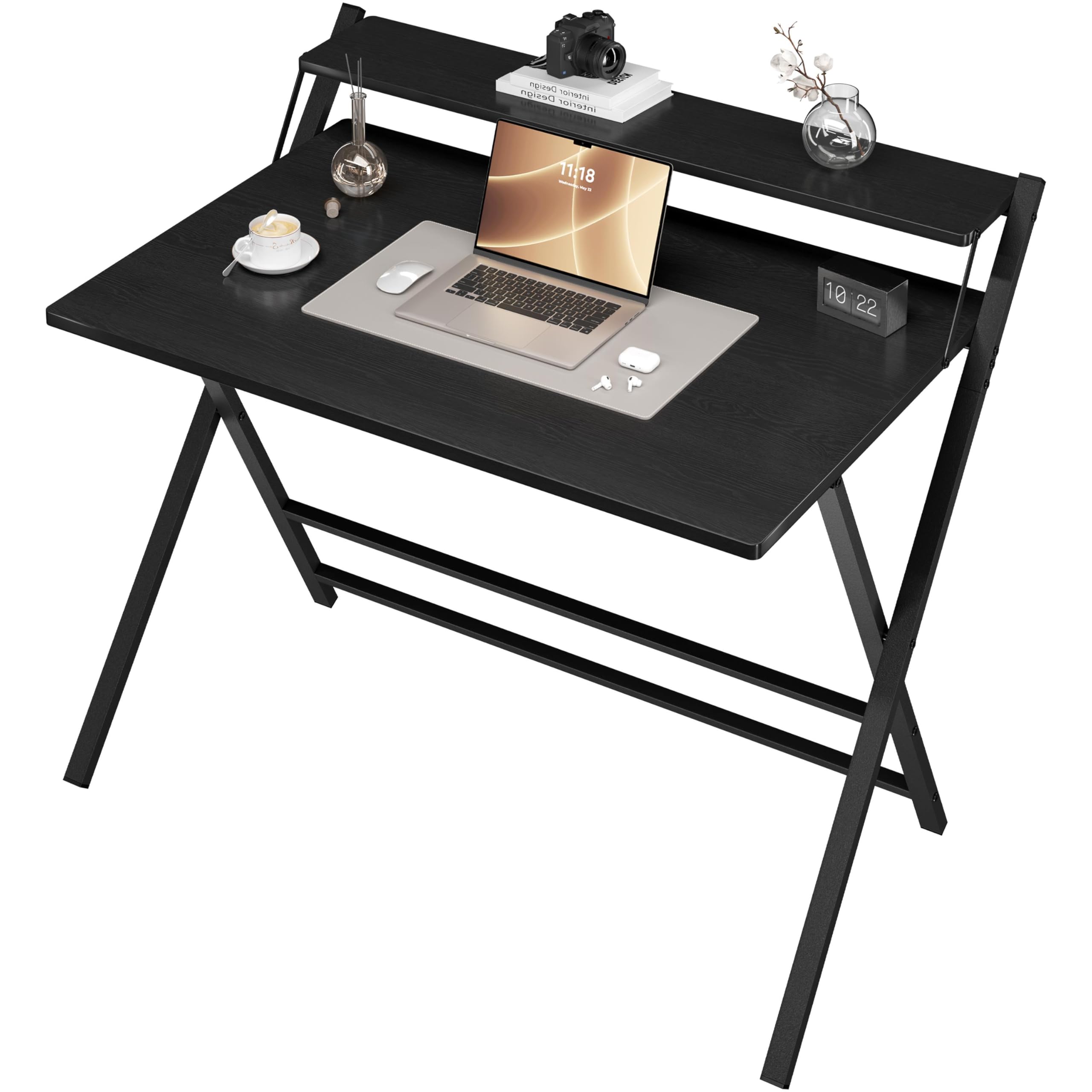 Yaheetech Foldable Desk with Monitor Stand,100 cm Computer Desk for Small Spaces,2-Tier Folding Table for Home, Office, School, Dormitory,Easy Assembly(Black) โ image 1