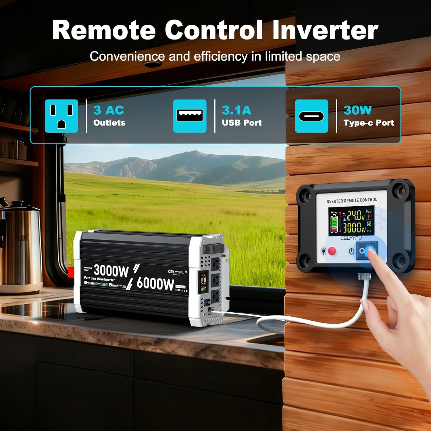 24V Inverter 3000 Watt Inverter, Pure Sine Wave Inverter, Power Inverter with Remote Control, 24V DC to 110V AC, 3 AC Outlets, USB & Type-C Ports, LCD Display for RV, Solar, Home Backup Power