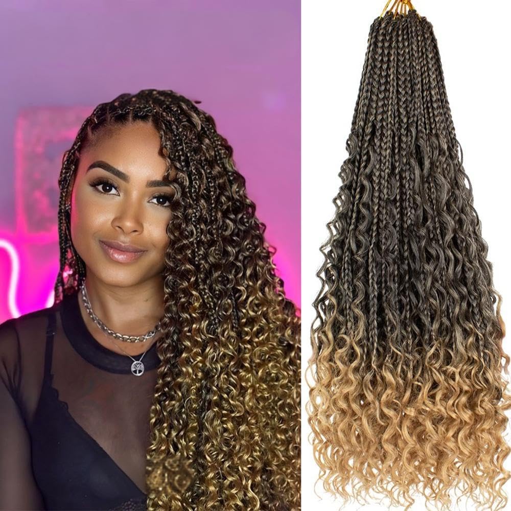 Beverlee 24 Inch 8 Packs Boho Box Braids Goddess Box Braids Crochet Hair Bohemian Hippie Braids Braiding Hair Box Braids with Curly Ends Messy