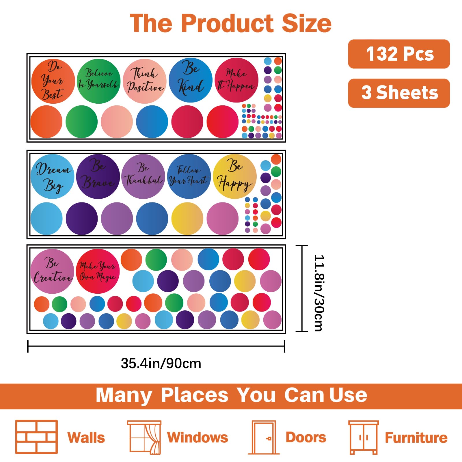 PLIGREAT 2 Sheets Colorful Polka Dot Wall Decals DIY Inspirational Quotes Removable Vinyl Stickers for Nursery Classroom Bedroom Living Room Home Background Wall Art Decor - Image 3
