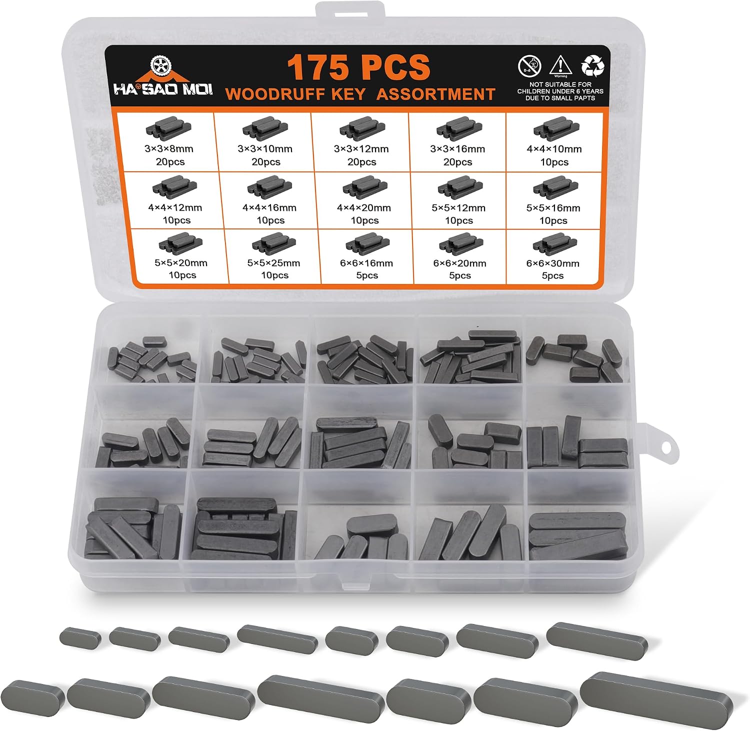 175pcs Woodruff Key Stock Assortment,15 Popular Sizes of 8mm-30mm Stainless Steel Half Moon Keys, Parallel Drive Shaft Keys Set Kit for Fasteners Mechanical Industry Crankshaft
