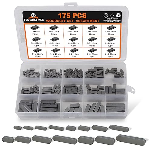 175pcs Woodruff Key Stock Assortment,15 Popular Sizes of 8mm-30mm Stainless