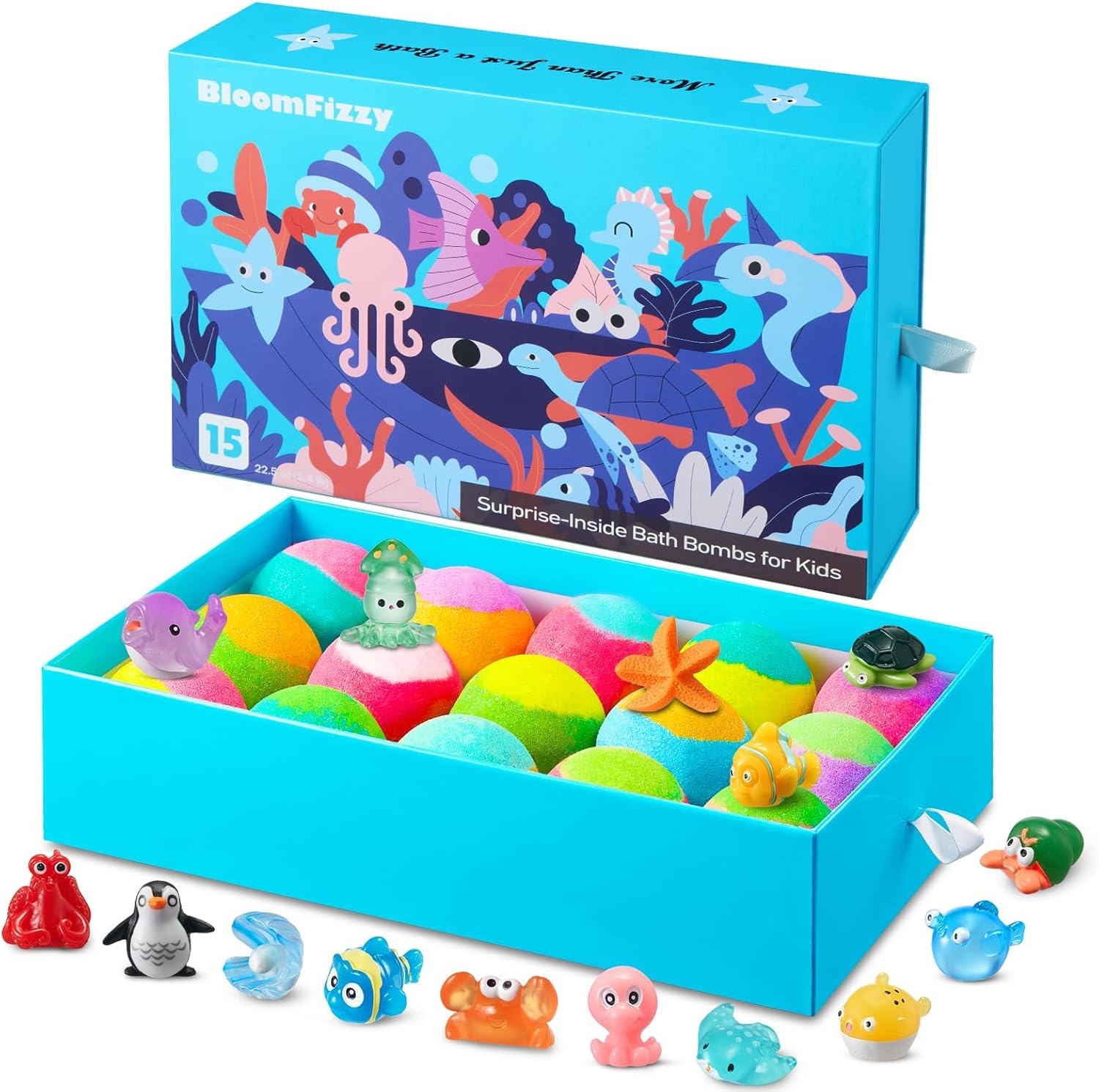 Sea Surprise Bath Bombs for Kids, 15 Pack Organic Fizzy Bath Bombs Gift Set with Hidden Ocean Toys, Gentle & Scented, Kid-Safe & Fun Bath Time, Ideal Christmas Gift & Stocking Stuffer for Kids