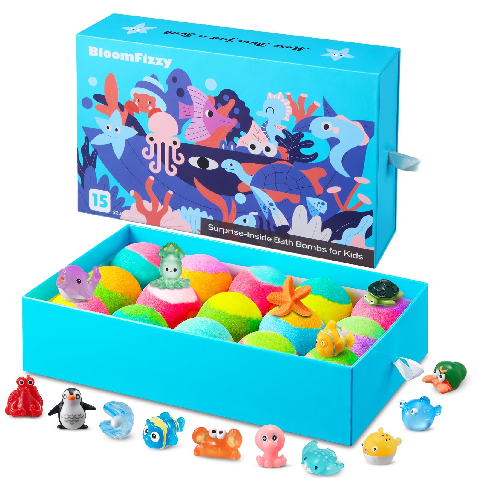 Sea Surprise Bath Bombs for Kids, 15 Pack Fizzy Easter Bath Bombs Gift Set with Hidden Ocean Toys, Gentle & Scented, Kid-Safe & Fun Bath Time, Easter Basket Stuffers for Boys And Girls