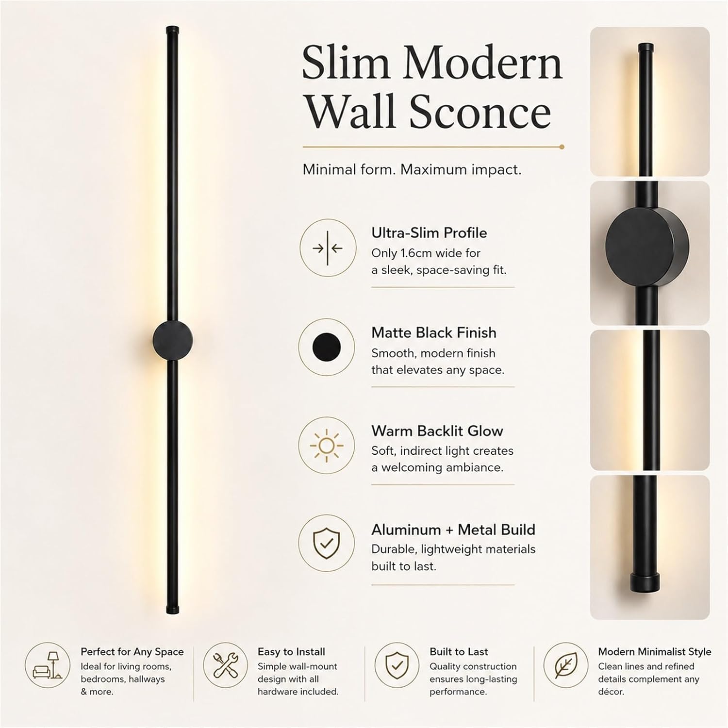 Indoor Wall Light, 23.6" Black Aluminum, Bedside Mounted Reading | Secure Mounting Delivers Ambient Lighting for Bedrooms, Lounges, Hallways and Studies, Supporting Routine Use