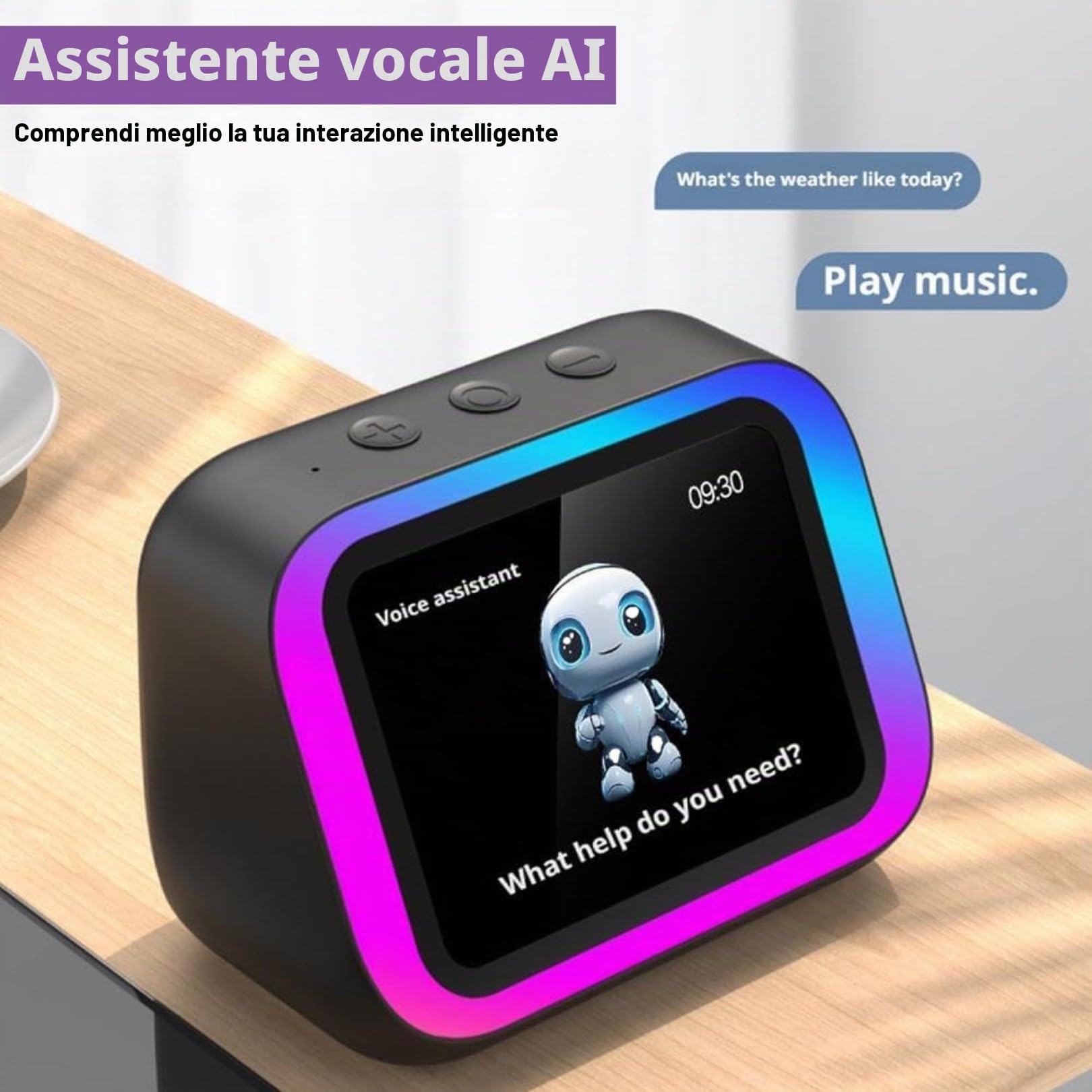 Sveglia Intelligente Ai con Bluetooth 5.4, Altoparlante e Luce Rgb Dinamica, Orologio Digitale da Comodino Portatile con Display di Ora e Meteo, Chiamate a Mani Libere Black