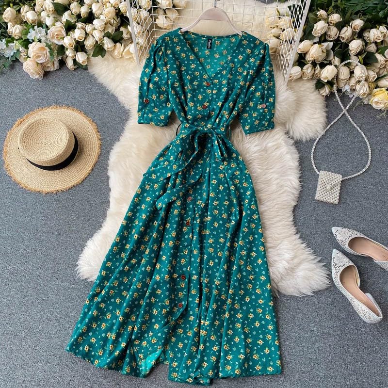 Gufrina Dresses for Women Half Sleeve || Floral Print || V-Neck and Puff Sleeves || Front Open Button & Tie-Up || Midi Dress (Green M) 1