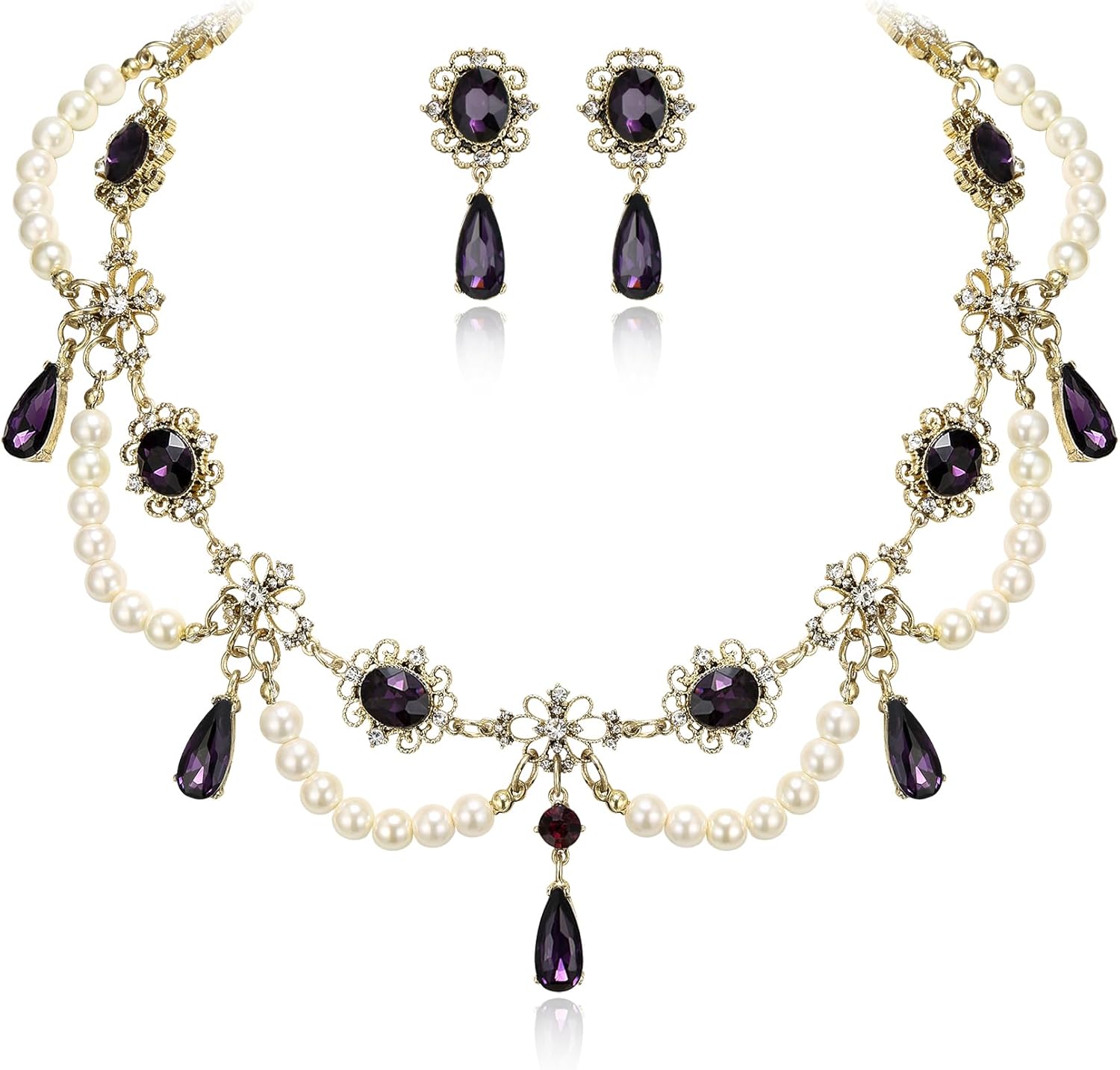 BriLove 1920s Simulated Pearls Halloween Gothic Costume Multi Layered Collar Necklace Dangle Earrings Set for Women Vampire Cosplay Party Prom Accessory