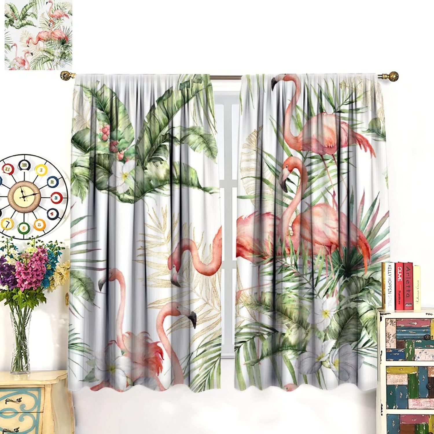 Watercolor Flamingo Blackout Curtains,Abstract Tropical Jungle Palm Leaf Pink Beautiful Flamingo Window Curtains Rod Pocket Thermal Insulated Room Darkening Blackout Curtains2 Panels 63L x 31.5W