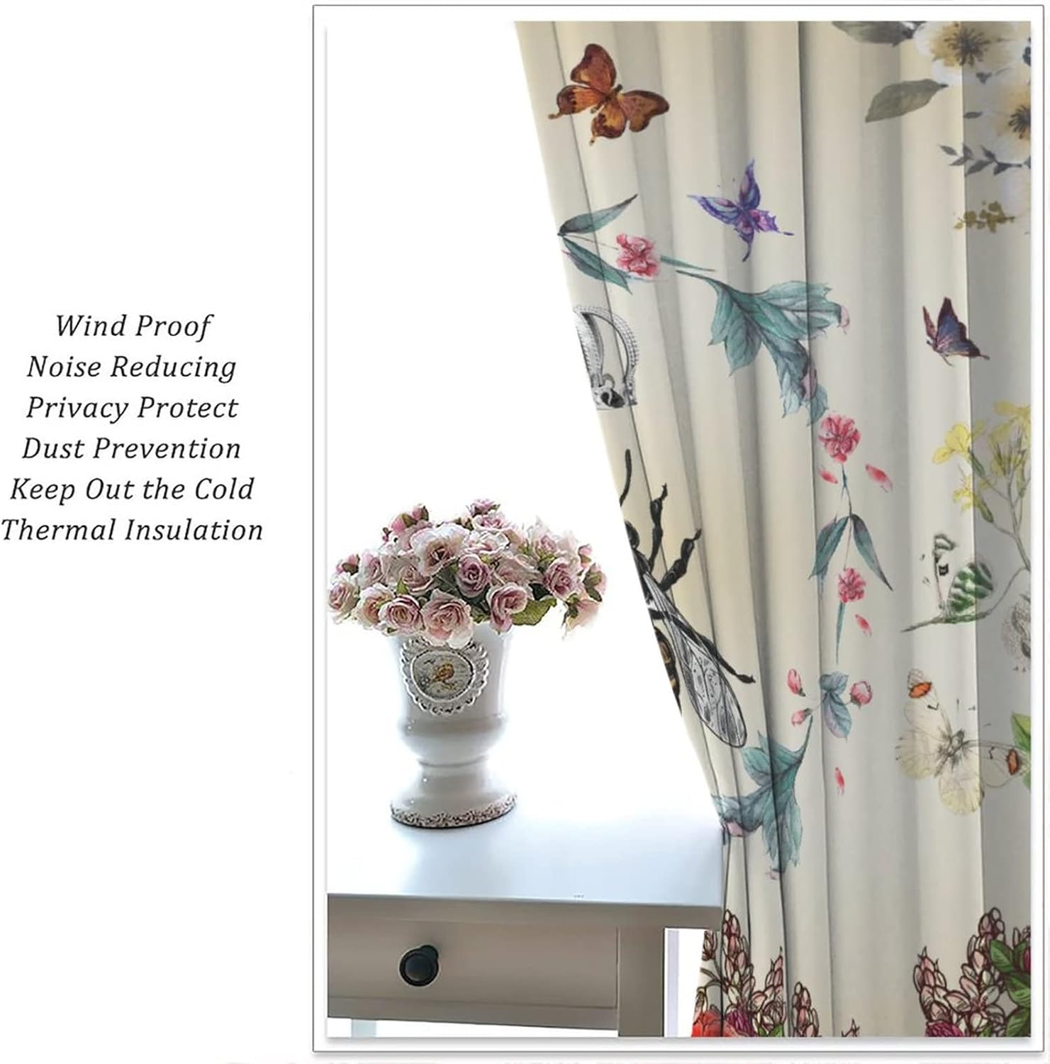 Vintage Bees Blackout Window Curtain, Garden Queen Wild Flower Nature Floral Room Darkening Rod Pocket Windows Treatments for Kitchen Dining Room Living Room 42x45in