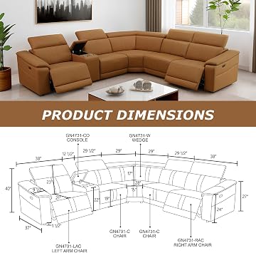 Power Reclining Sectional Sofa, L Shaped Leather Sectional Couch with Electric Recliners/USB Ports/Cup Holders/Storage Console, Caramel Reclining Sofa for Living Room/Home Theater/Office