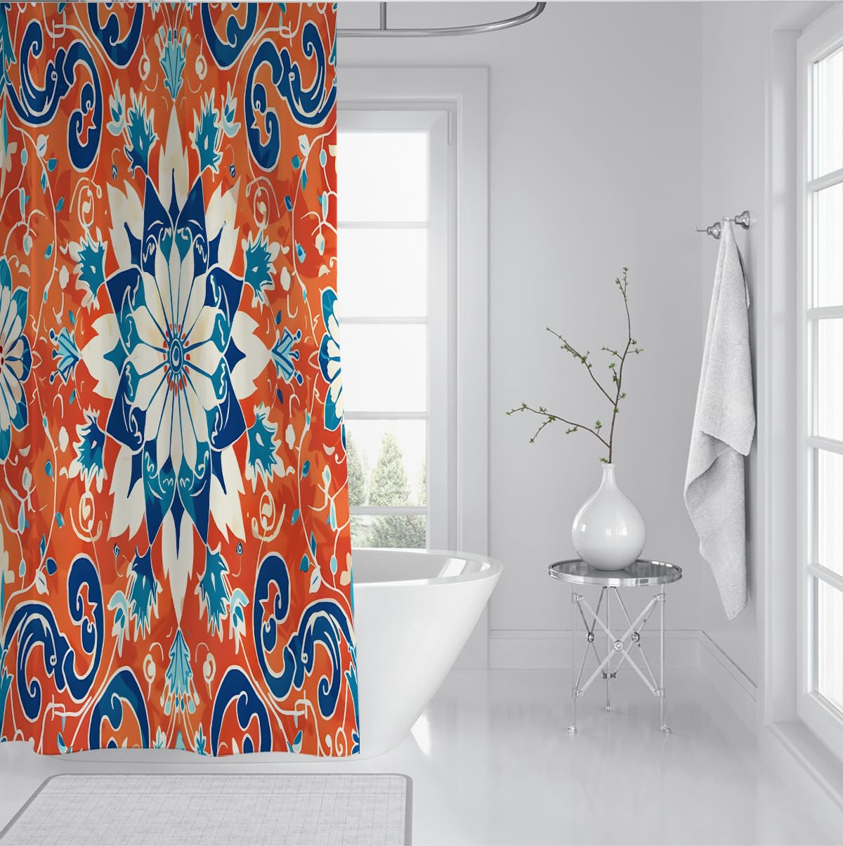 Rideau Douche Floral Tribal Exotique Orange Brule 200 x 220 cm