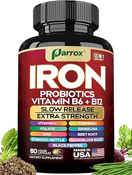 Iron Supplement with Slow Release Iron, Probiotics, Spirulina, Turmeric, Vitamin B6, B12, C, Zinc, Folate, Beetroot, Nettle Leaf, Dandelion Root, Black Pepper, Extra Strength, 60 Vegan Capsules