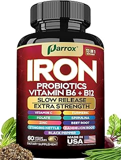 Iron Supplement with Slow Release Iron, Probiotics, Spirulina, Turmeric, Vitamin B6, B12, C, Zinc, Folate, Beetroot, Nettle Leaf, Dandelion Root, Black Pepper, Extra Strength, 60 Vegan Capsules