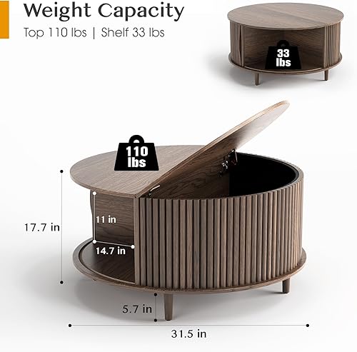 Miniatura 2 de SULIVES Mesa de centro redonda con almacenamiento, mesa de centro moderna de mediados de siglo con puerta corredera, mesa central acanalada con