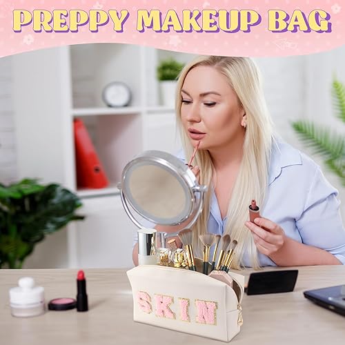 Miniatura 6 de 8 bolsas de maquillaje preparadas con letras de chenilla, organizador de maquillaje cosmético, bolsa portátil de piel sintética, bolsa de cosméticos