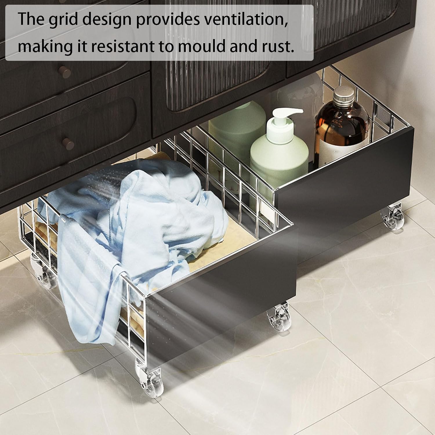 2X Bathroom Under Sink Organizers and Storage, Utility Rolling Cart for Storage Under Desk Metal Mesh Bin for Toys, Crafts, Clothes, Towels, Toiletries