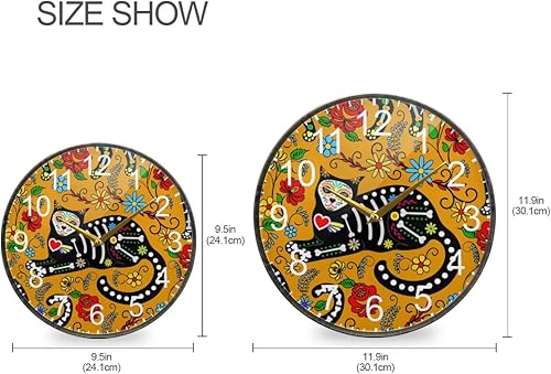 Miniatura 2 de ALAZA Calavera Sugar Skull Black Cats - Reloj de pared del Día de los Muertos con pilas, silencioso, sin tictac, para decoración de sala de estar,