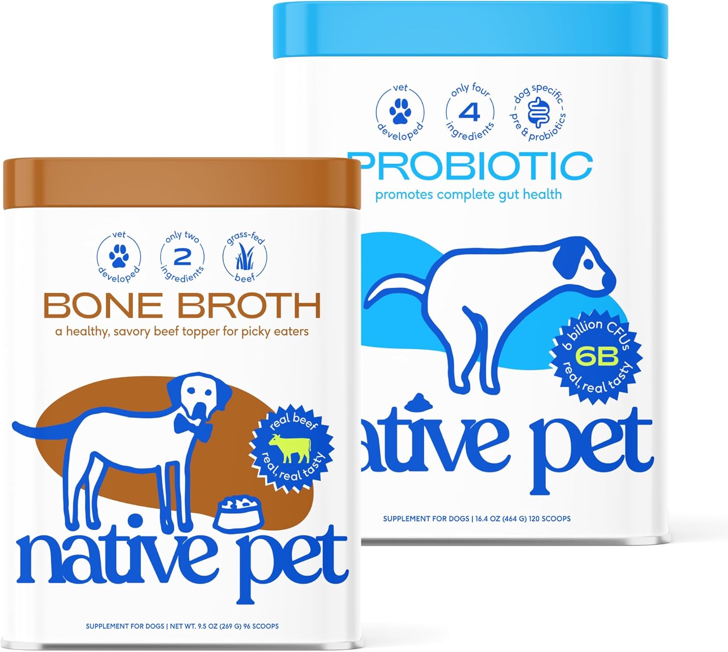 Native Pet Beef Bone Broth for Dogs (9.5 oz) & Probiotic for Dogs (16.4 oz.) - Dog Food Topper for Picky Eaters and Dog Probiotic Powder + Prebiotic + Bone Broth Powder for Dog Digestive Issues