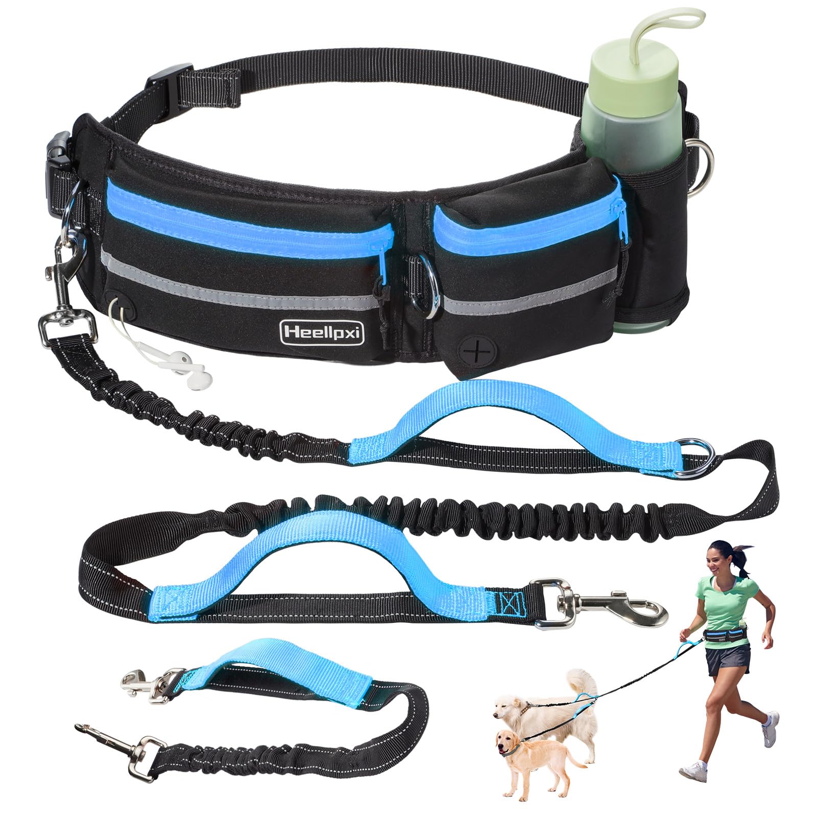 Hands-Free Waist Leash with Pouch for Two Dogs,Reflective Stitching, Dual Handle & Bungee Retractable Design – Ideal for Medium to Large Dogs (Blue) – Dog Walking Accessories