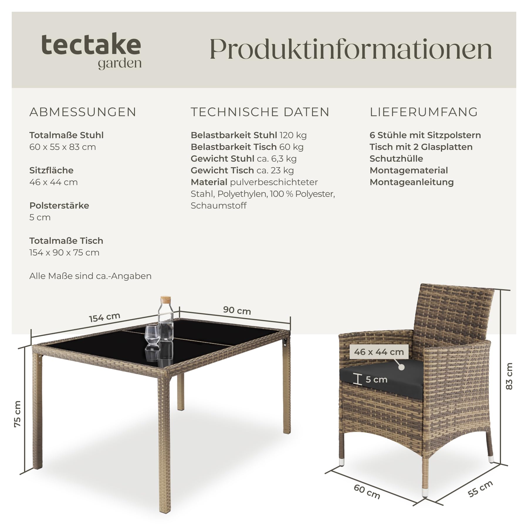 tectake Polyrattan Sitzgruppe für 6 Personen, Balkon Möbel, Gartenmöbel Set mit Tisch und 6 Stühlen, Essgruppe für Garten Terrasse und Balkon, inkl. Sitzkissen und Schutzhülle - Natur/dunkelgrau