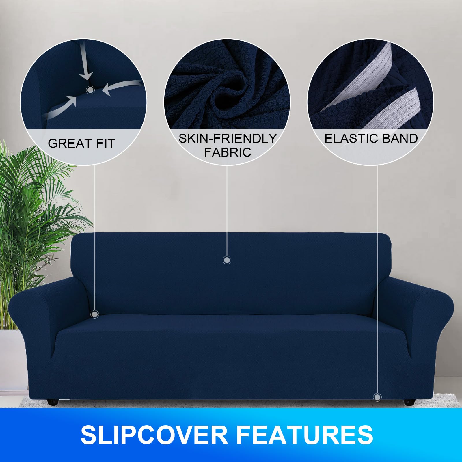 CYCMACO Copridivano 1 Posto Con Braccioli, Copridivani Elasticizzato Antiscivolo, Universale Moderno Copripoltrona Antigraffio, Sofa Cover Antimacchia, Lavabile In Lavatrice, Blu scuro