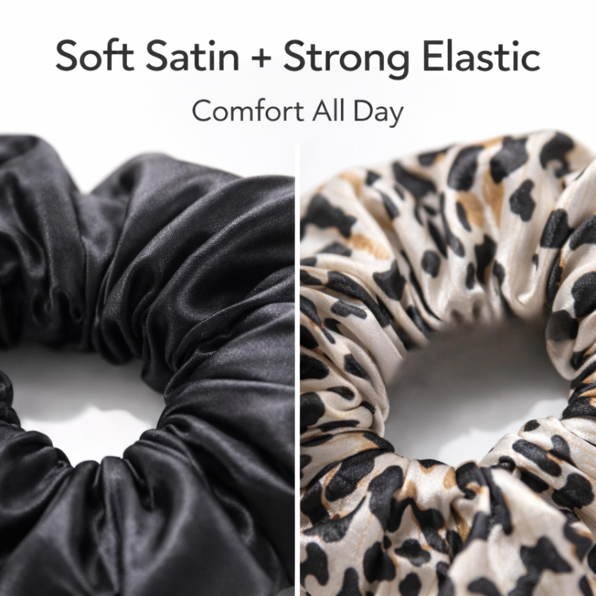 HAIRBERRY®Luxury Black & Leopard‑Print Satin Scrunchies for Women | Pack of 3 | Stylish Scrunchies for Girls, Women, Hair Ties | Gift for Sister/Friend/Mom | 2