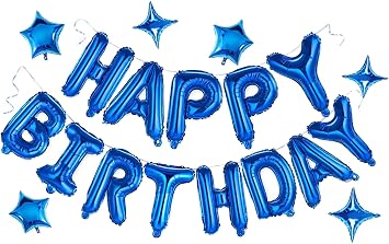 Blue Happy Birthday Banner Balloons 16 Inch Mylar Foil Letter Balloons with 6pcs Star Balloons, Happy Birthday Party Decorations for Kids Boys Men Adults Birthday Party Supplies
