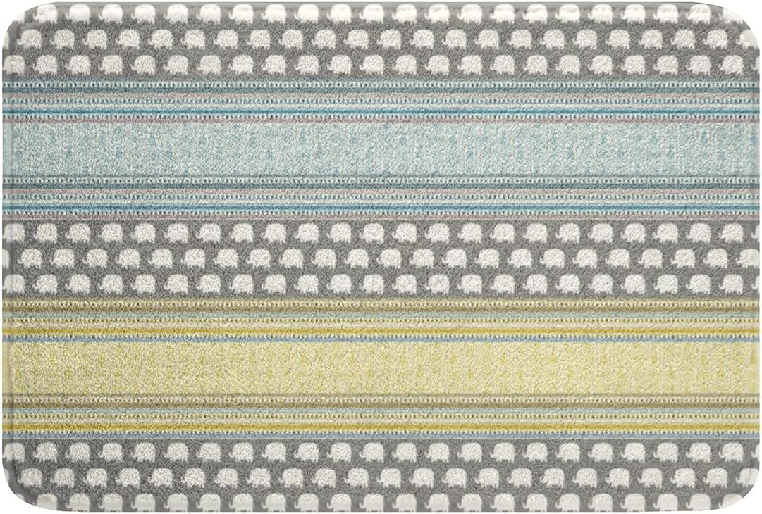 Cartoon Elephant Bath Rugs Black and White Dots Bath Mat Blue Yellow Grey Striped Design Area Rug Cute Animal Lovely Wildlife Doormats Kawaii Room Decor 16"x24"