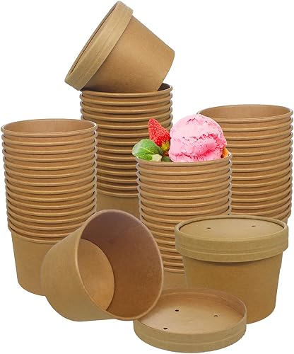 Vasos de papel para helado con tapas de papel, tazas de sopa calientefría con tapas (kraft) (50, 12 onzas)