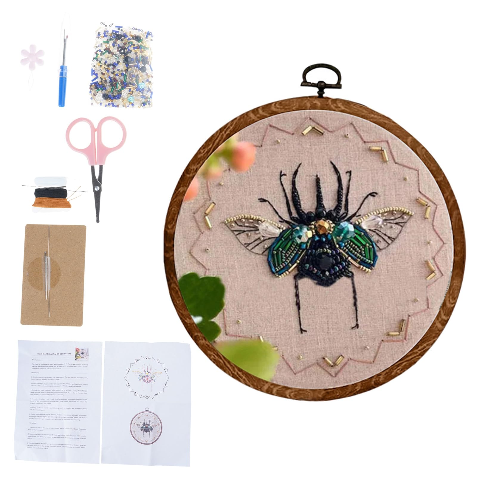 Nucelit Beginner Beads Embroidery Set with Stitching Hoop Instruction Embroidery Cloth Pattern Thread and Needle Wall Art