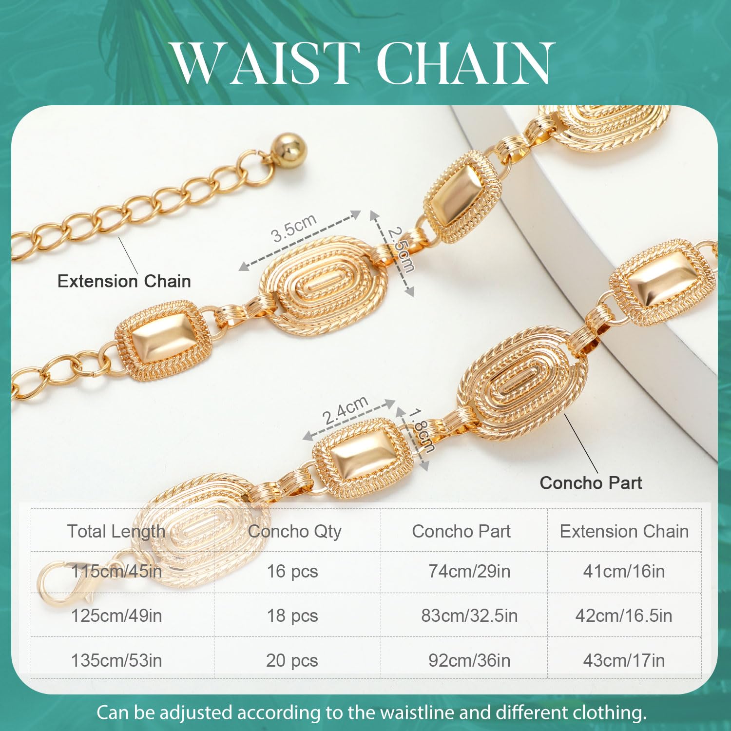PALAY Belt for Women featuring Adjustable Metal Concho Chain and Crystal Accents in Gold
