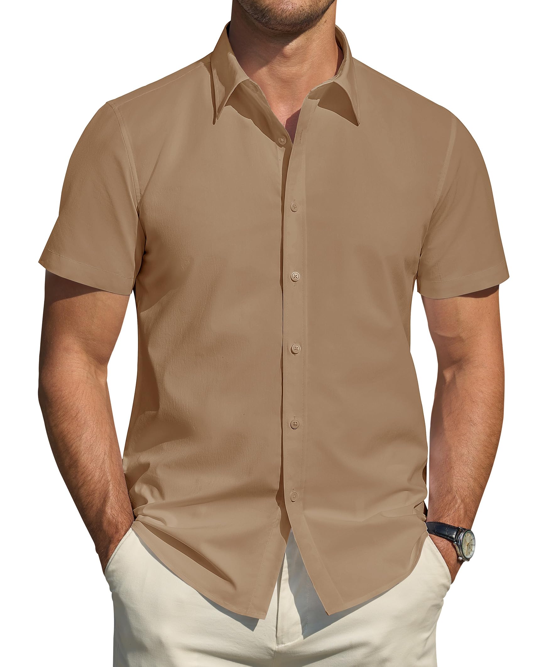 J.VER Men's Short Sleeve Dress Shirts Stretch Stain Shield Casual Button Down Shirts Solid Formal Shirt