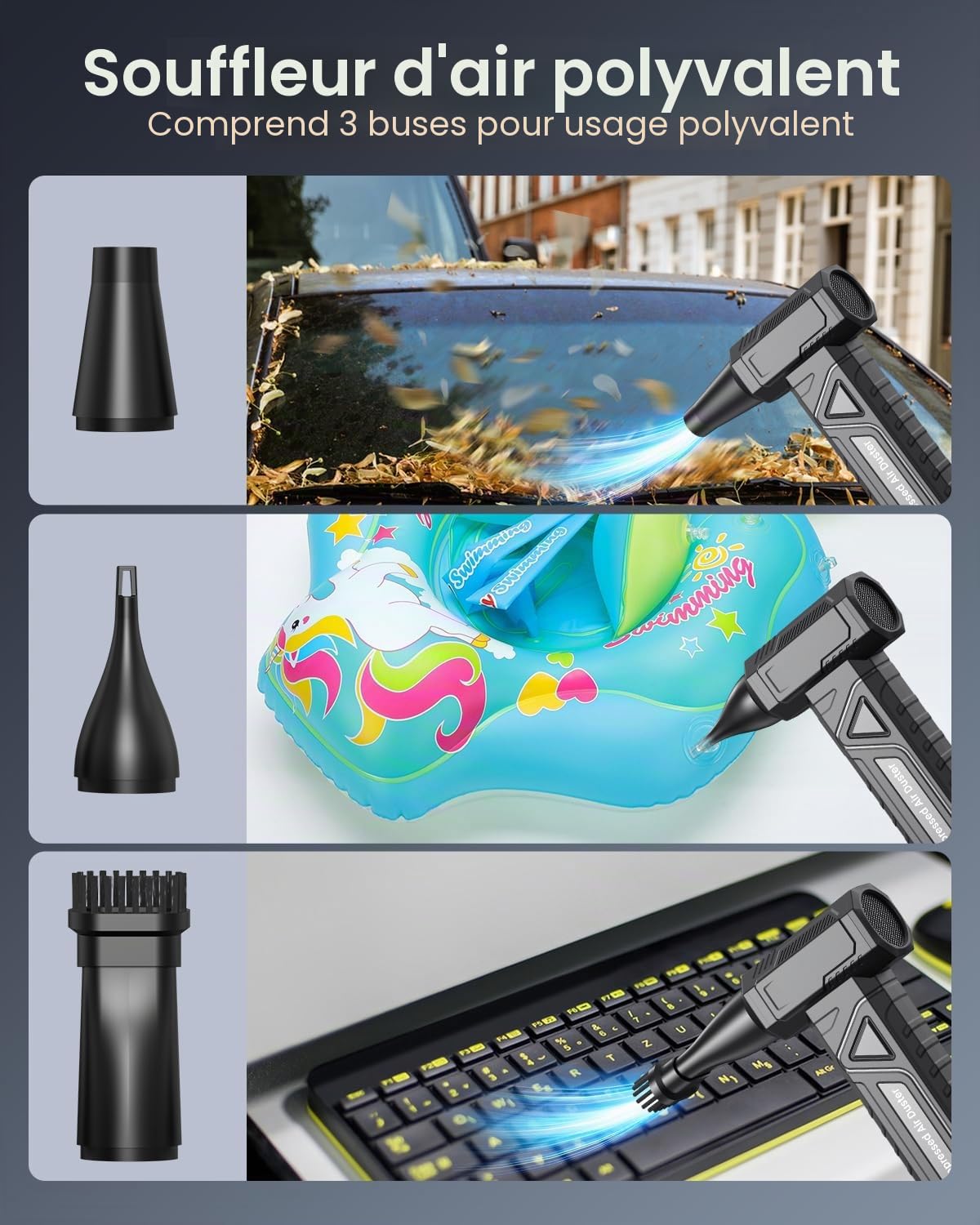 Souffleur Air Comprimé 200000 RPM - Mini Souffleur PC avec 4 Vitesses, Lumière LED, Air Duster, Bombe Air Sec Nettoyage Clavier Électronique, W18, Noir
