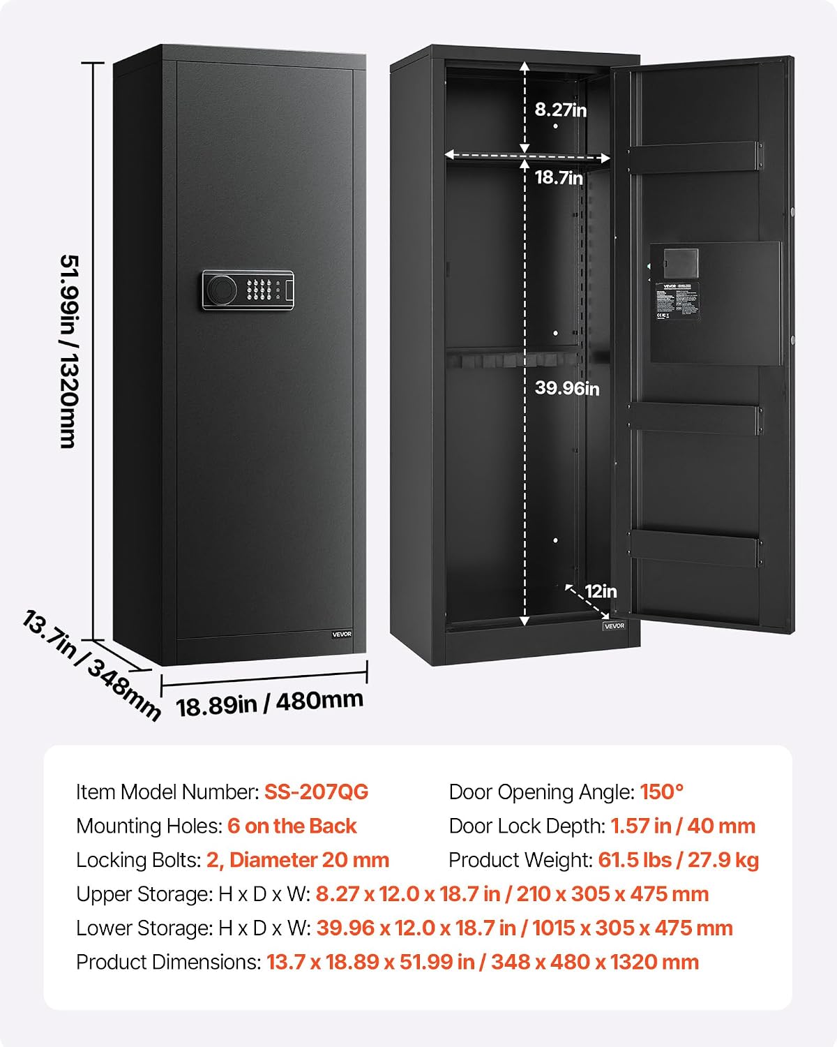 VEVOR 6-8 Gun Safe, Long Gun Cabinet for Rifles and Pistols, Quick Access Rifle Safe with 3 Ammo Slots and 2 Adjustable Racks, Large Digital Cabinet with Key and Password Lock
