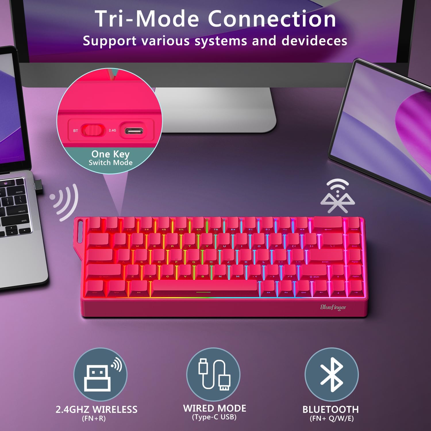 BlueFinger 60% Wireless Mechanical Gaming Keyboard, Bluetooth/2.4G/USB-C Hot Swappable RGB Backlit Keyboard with Side-Printed PBT Keycaps, for MAC Xbox PC PS5, Pink