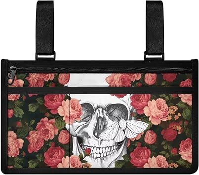 Skull Rose Electric Wheel Chair Accessories Pouch Lightweight Wheelchair Side Organizer Storage Bag Armrest Pouch Foldable Wheelchair Carry Bag Suitable for Electric Wheelchair