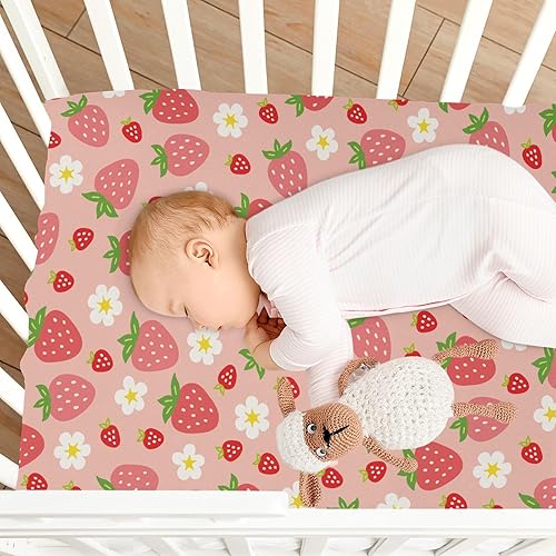 Miniatura 7 de Sábanas bajeras ajustables para cuna, sábanas portátiles elásticas y transpirables para cuna de fresas rosadas, colchón de mini cuna transpirable y