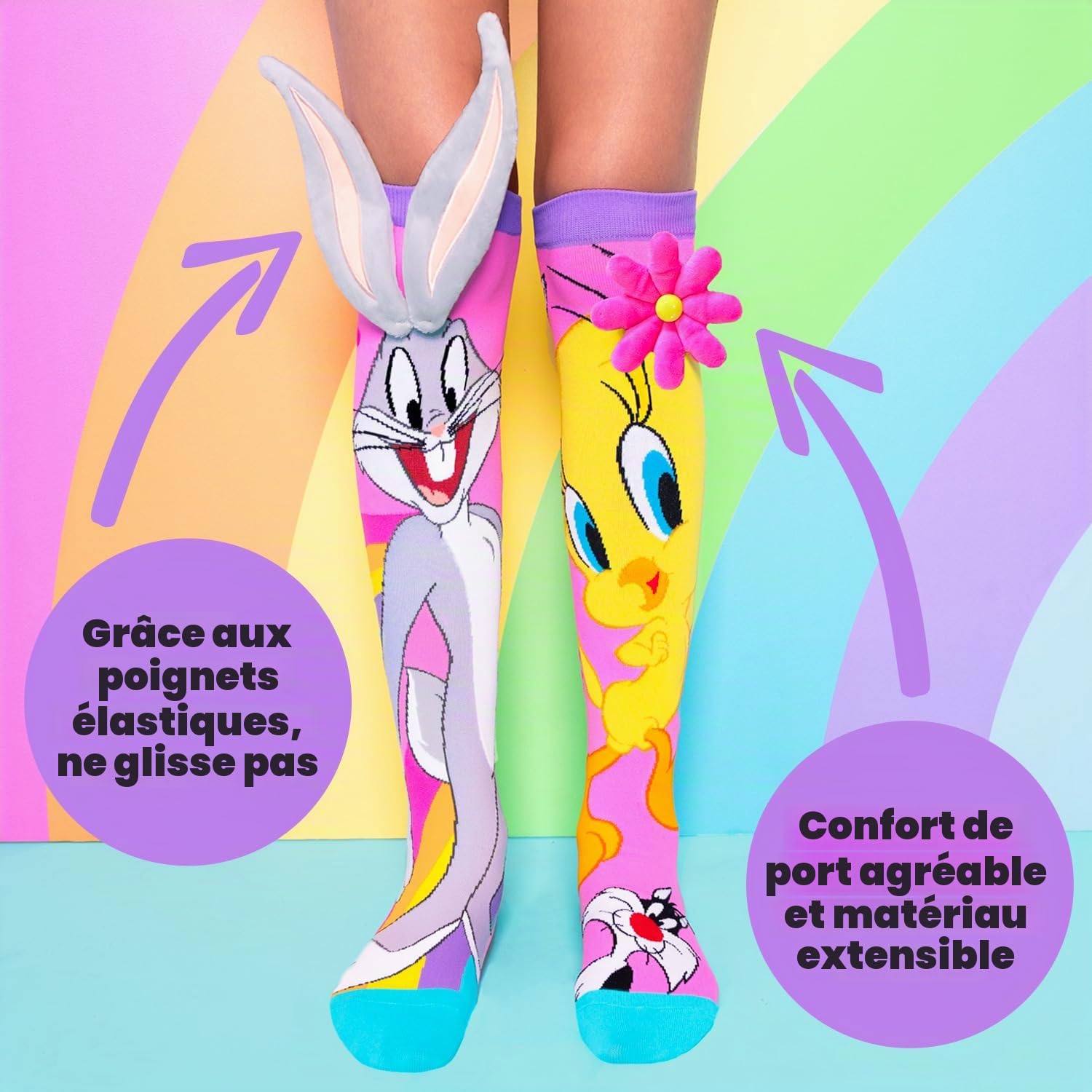 Madmia Chaussettes Looney Tunes Tweety & Bugs : chaussettes colorées avec applications 3D, pour enfants et adultes de 6 à 99 ans (29012MM), coloré, 6-99