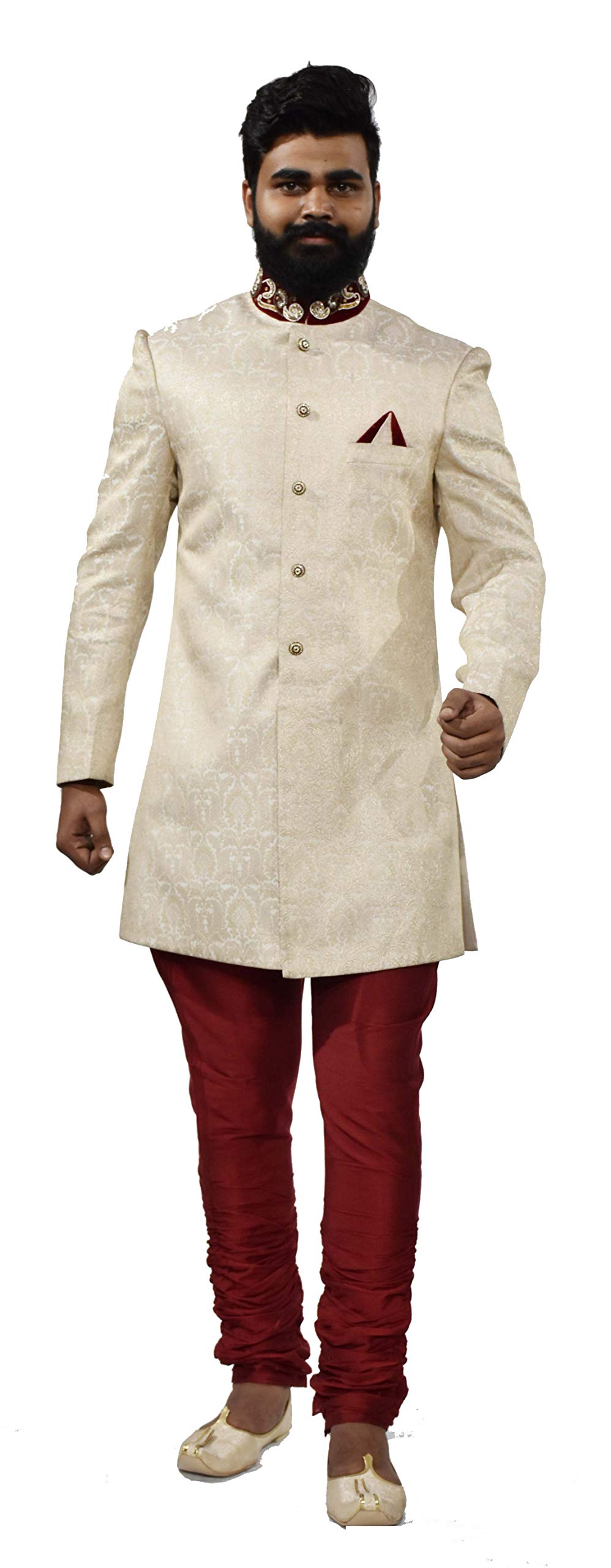 Men's Cream Jacquard Indowestern With Polo Pant-image-18