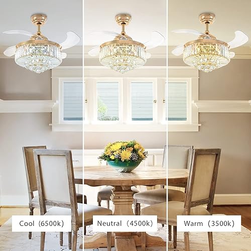 Miniatura 5 de Siljoy Ventilador de techo retráctil con control remoto de luz, moderno ventilador de techo de cristal dorado, 3 vías regulable de 6 velocidades de