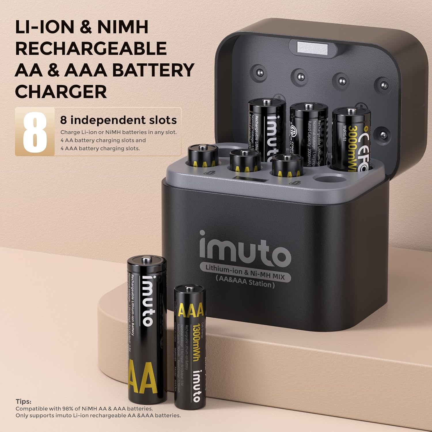 imuto Rechargeable Batteries 4 AA & 4 AAA Lithium with Charger, 1.5V Triple A & Double A Batteries, Long-Lasting Li-Ion Rechargeable Batteries Compatible with NiMH/Lithium Hybrid Charger