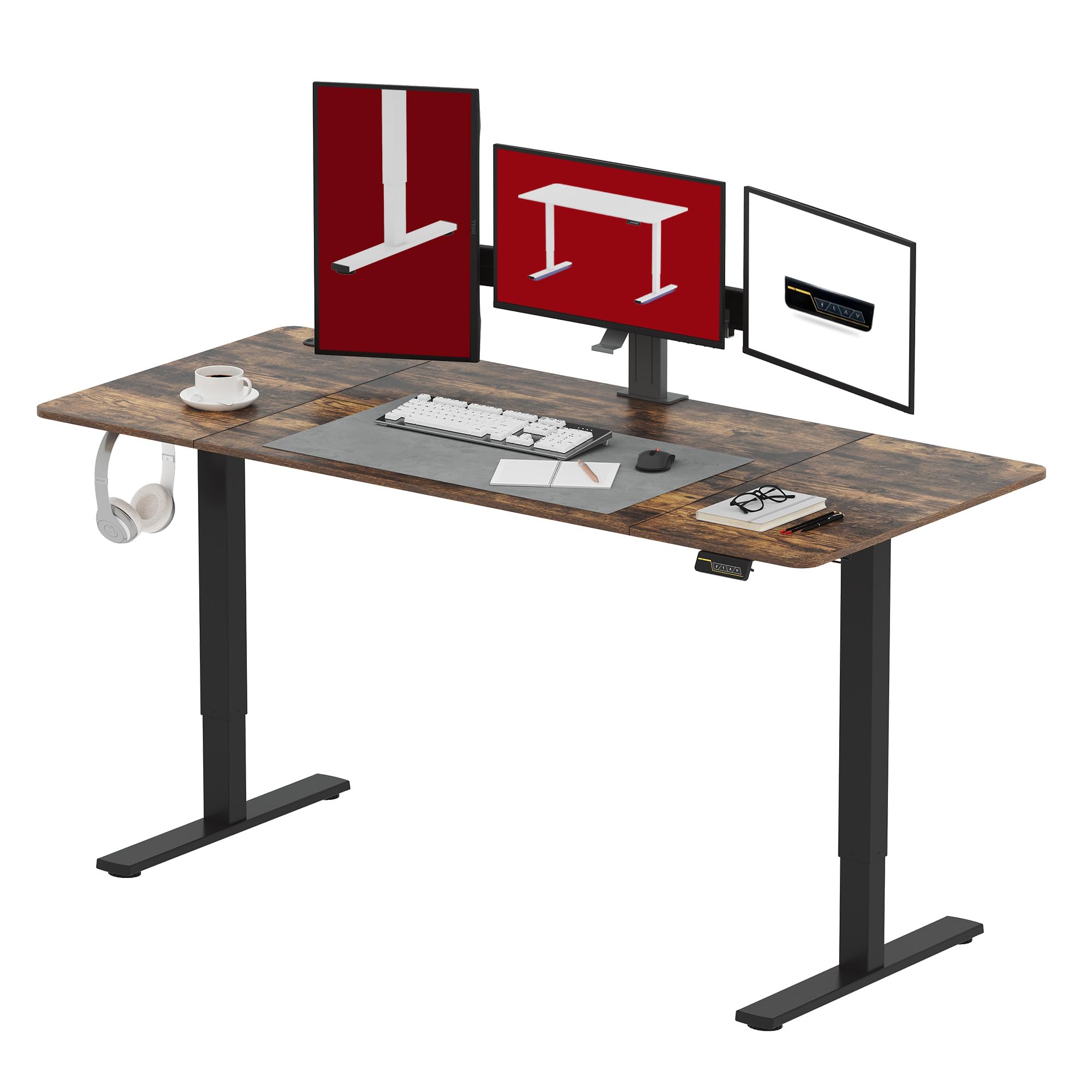 SANODESK 160 x 60 cm Escritorio Elevable Eléctrico con Tablero Escritorio Regulable en Altura Eléctrico Telescópico Bidireccional con Control de Memoria y Tecnología Anticolisión (Marrón)
