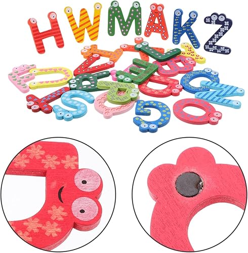 Miniatura 8 de Artibetter Juego de 26 calcomanías magnéticas de madera para niños alfabeto de dibujos animados A-Z para aprender a refrigerador imanes de juguetes
