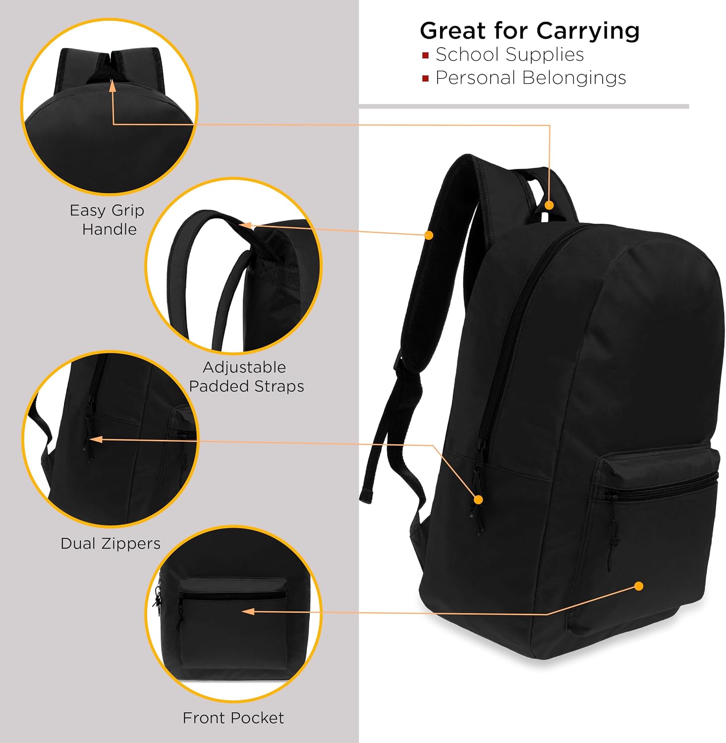 17 Inch Bulk Backpacks in Black Color with 18 Piece Student Supplies Kits - Pens, Pencils, Crayons, and More, Wholesale Case of 6 Value Bundle Packs