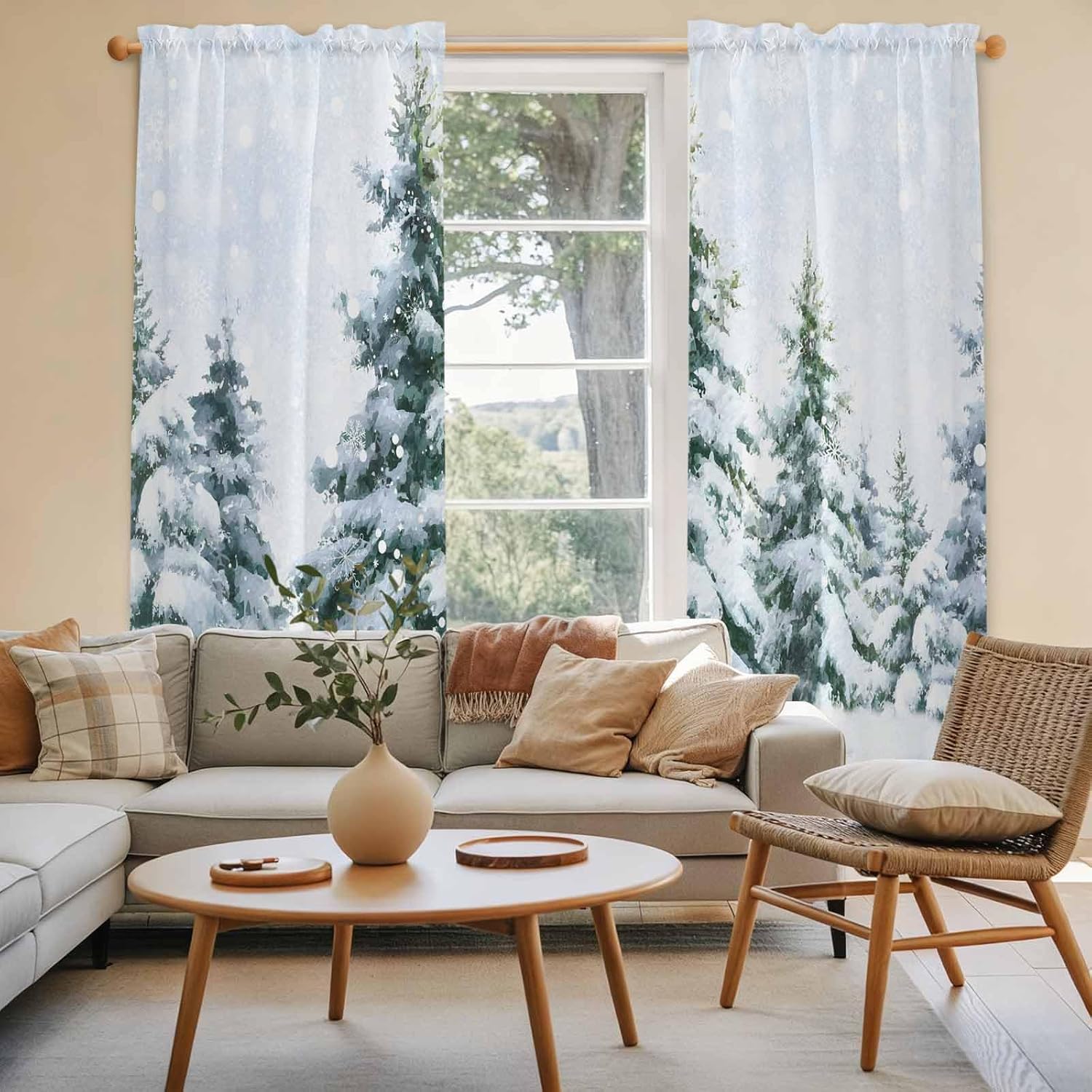 Christmas Tree Window Curtains 72 Inch Long 2 Panel Set, Rod Pocket Long Curtains & Drapes, Snowflake Winter Farmhouse Xmas Tree Light Filtering Window Treatment for Bedroom Living Room 52"W x 72"L